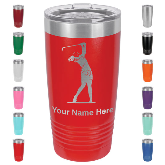 20oz Vacuum Insulated Tumbler Mug, Golfer Woman, Personalized Engraving Included