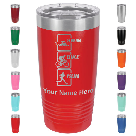 20oz Vacuum Insulated Tumbler Mug, Swim Bike Run Vertical, Personalized Engraving Included