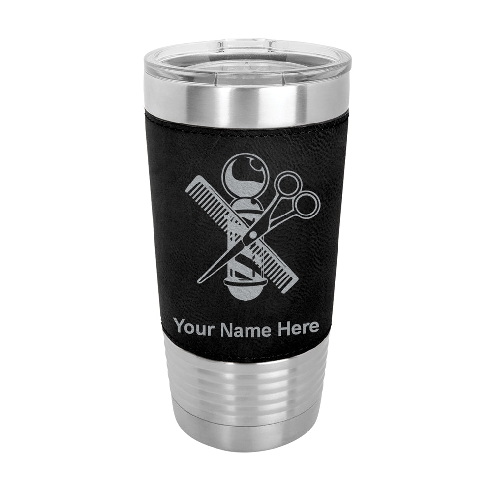 20oz Faux Leather Tumbler Mug, Barber Shop Pole, Personalized Engraving Included - LaserGram Custom Engraved Gifts