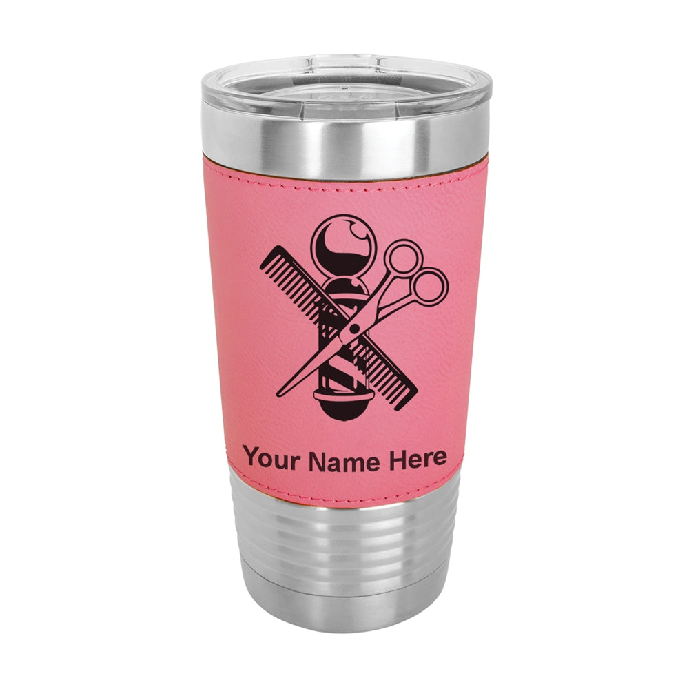 20oz Faux Leather Tumbler Mug, Barber Shop Pole, Personalized Engraving Included - LaserGram Custom Engraved Gifts