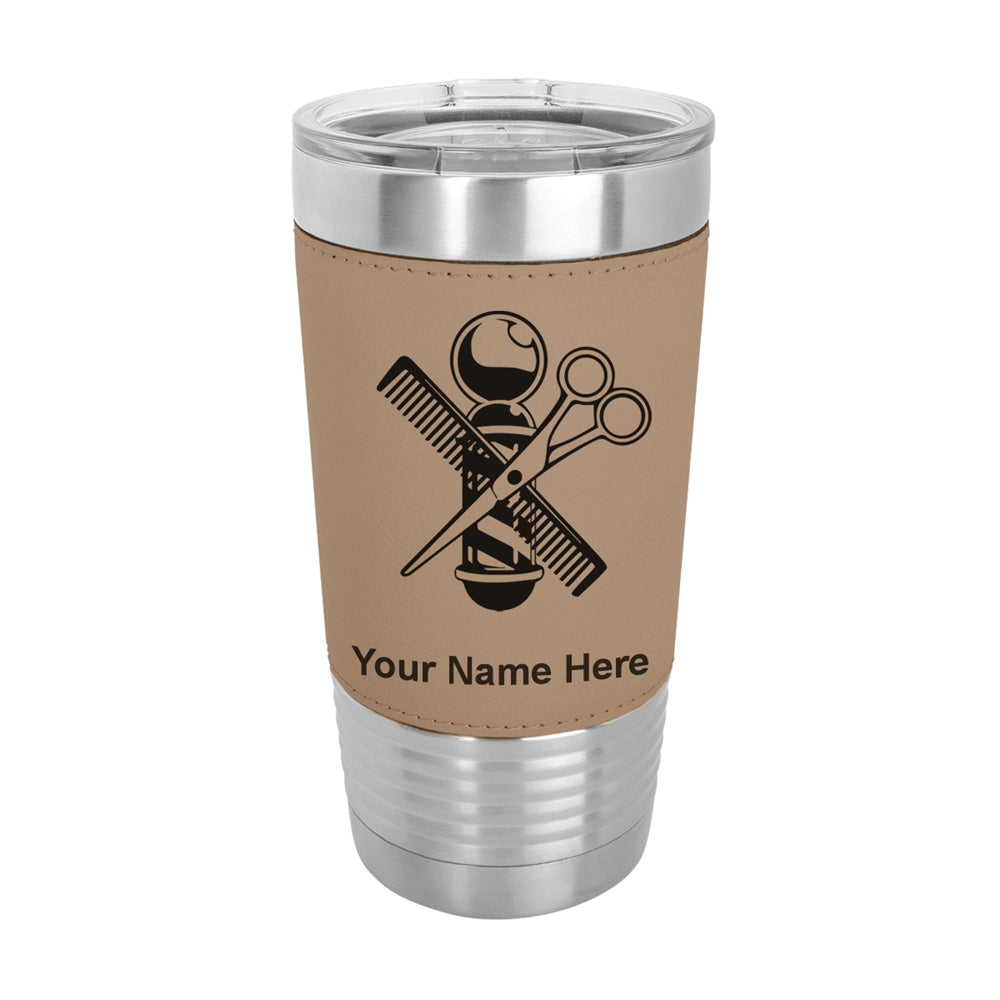 20oz Faux Leather Tumbler Mug, Barber Shop Pole, Personalized Engraving Included - LaserGram Custom Engraved Gifts