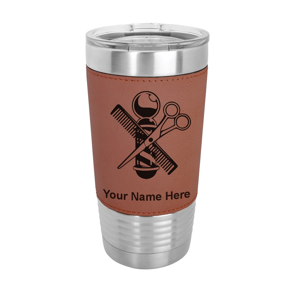 20oz Faux Leather Tumbler Mug, Barber Shop Pole, Personalized Engraving Included - LaserGram Custom Engraved Gifts