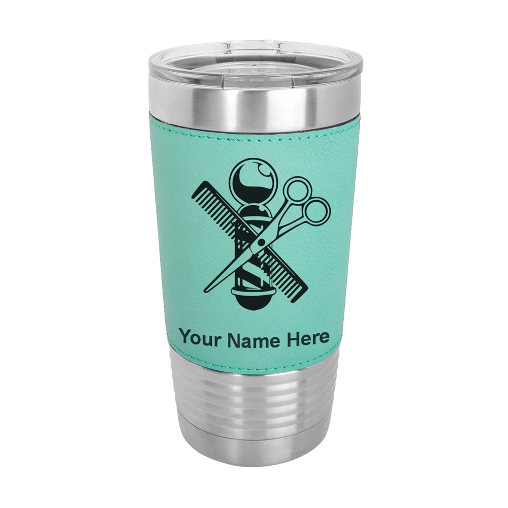 20oz Faux Leather Tumbler Mug, Barber Shop Pole, Personalized Engraving Included - LaserGram Custom Engraved Gifts