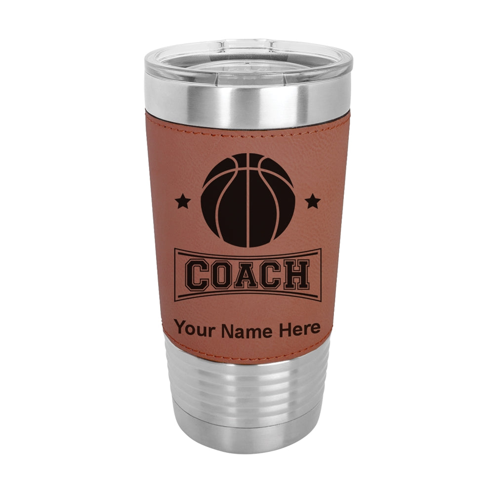 20oz Faux Leather Tumbler Mug, Basketball Coach, Personalized Engraving Included - LaserGram Custom Engraved Gifts