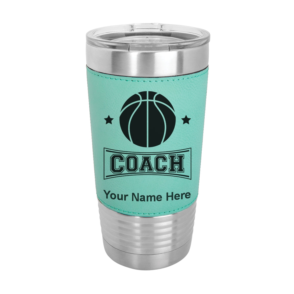20oz Faux Leather Tumbler Mug, Basketball Coach, Personalized Engraving Included - LaserGram Custom Engraved Gifts