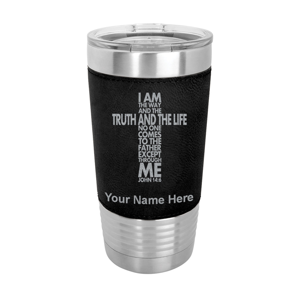 20oz Faux Leather Tumbler Mug, Bible Verse John 14-6, Personalized Engraving Included - LaserGram Custom Engraved Gifts