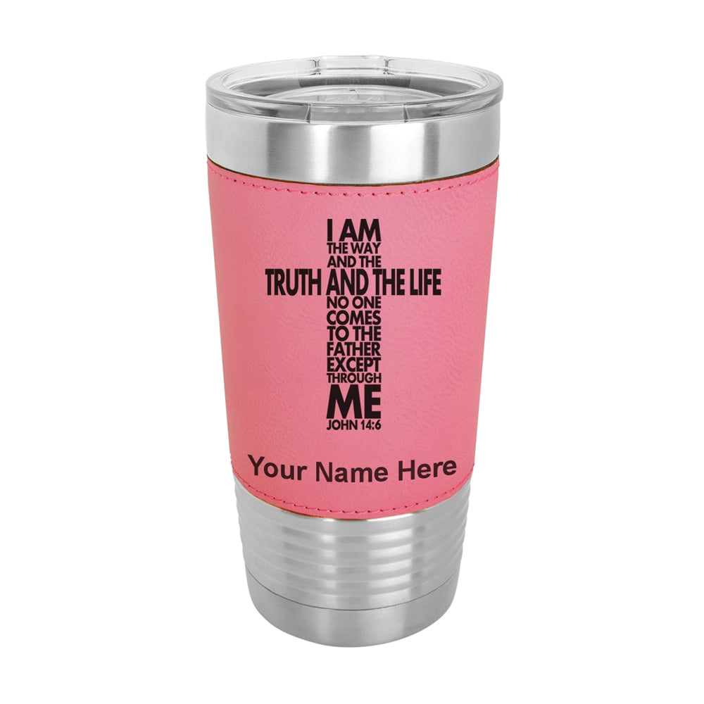 20oz Faux Leather Tumbler Mug, Bible Verse John 14-6, Personalized Engraving Included - LaserGram Custom Engraved Gifts