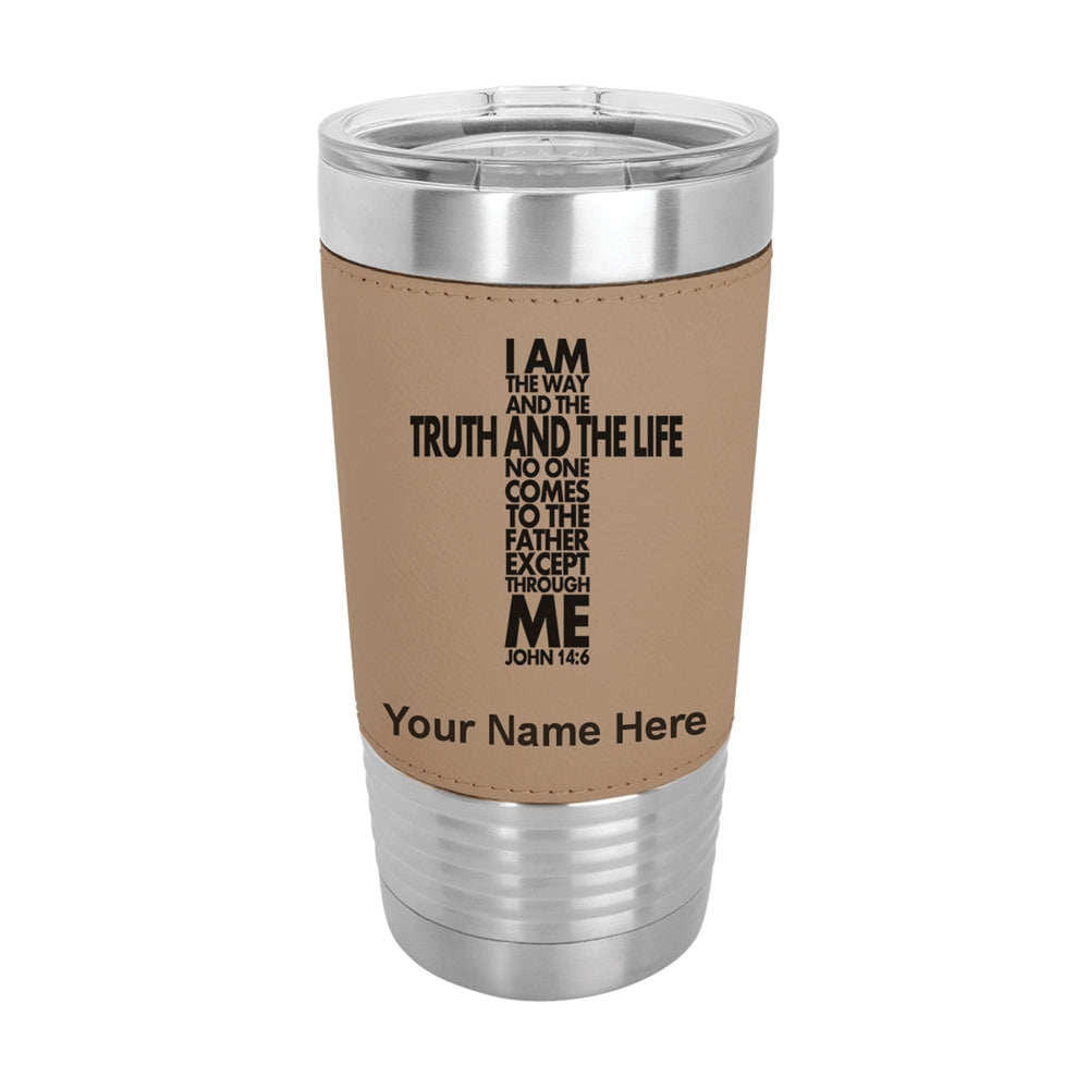 20oz Faux Leather Tumbler Mug, Bible Verse John 14-6, Personalized Engraving Included - LaserGram Custom Engraved Gifts