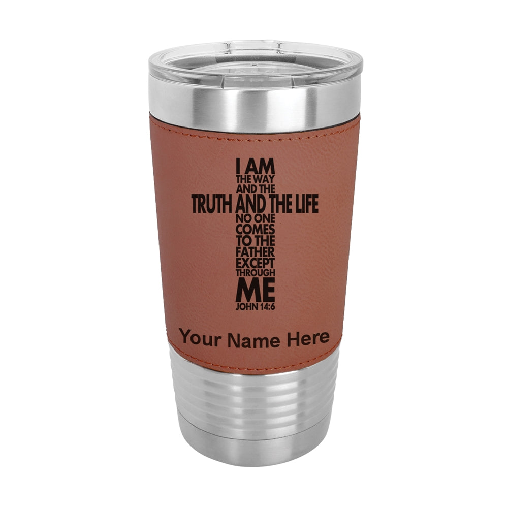 20oz Faux Leather Tumbler Mug, Bible Verse John 14-6, Personalized Engraving Included - LaserGram Custom Engraved Gifts