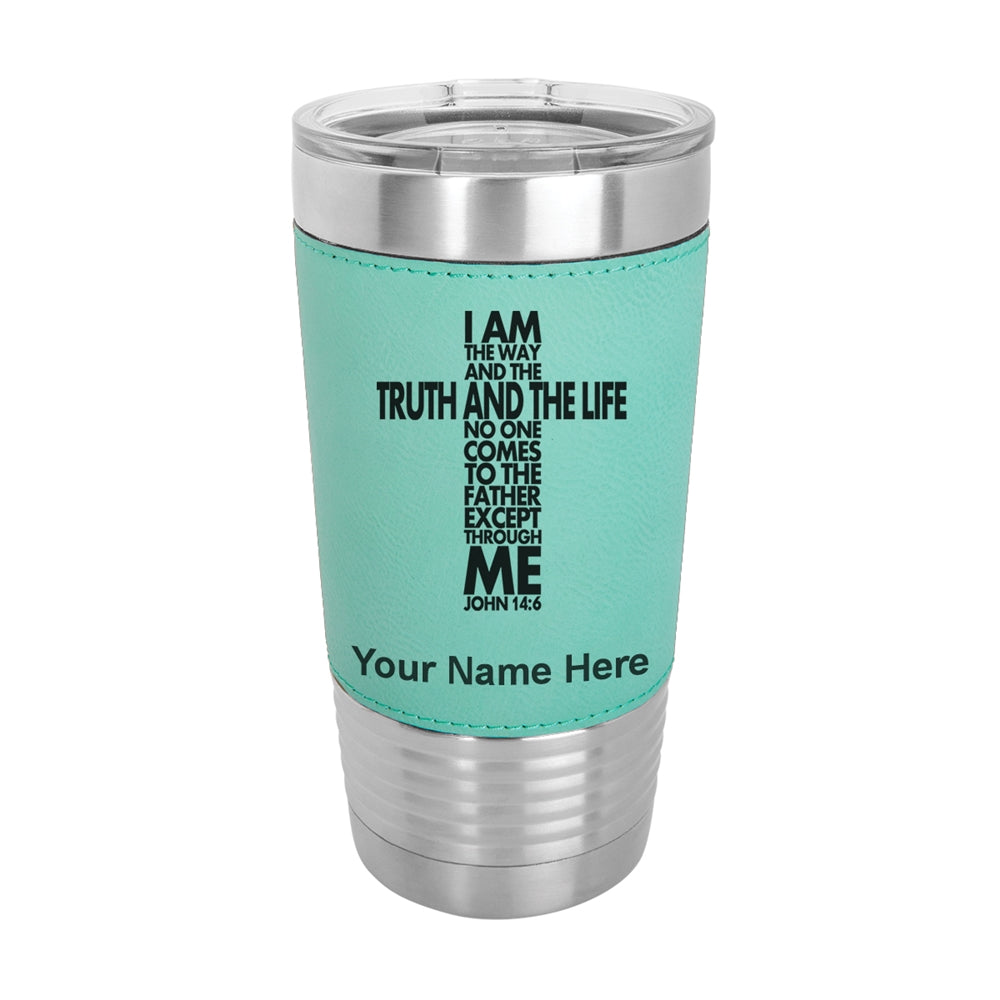 20oz Faux Leather Tumbler Mug, Bible Verse John 14-6, Personalized Engraving Included - LaserGram Custom Engraved Gifts