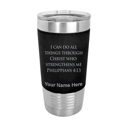 20oz Faux Leather Tumbler Mug, Bible Verse Philippians 4-13, Personalized Engraving Included - LaserGram Custom Engraved Gifts