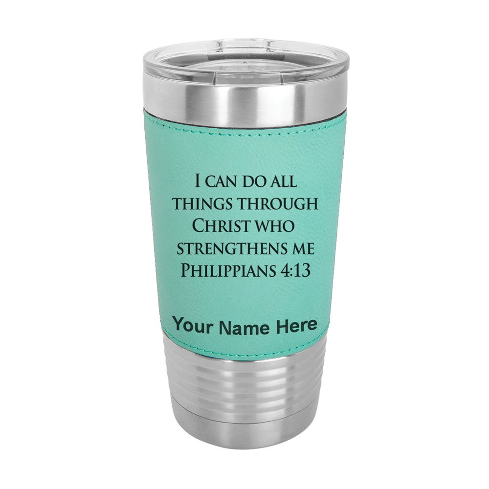 20oz Faux Leather Tumbler Mug, Bible Verse Philippians 4-13, Personalized Engraving Included - LaserGram Custom Engraved Gifts