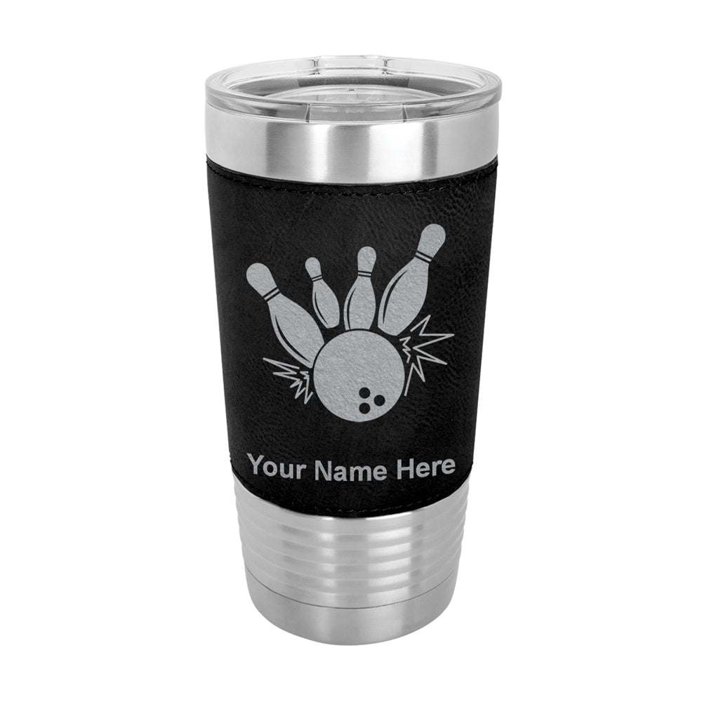 20oz Faux Leather Tumbler Mug, Bowling Ball and Pins, Personalized Engraving Included - LaserGram Custom Engraved Gifts