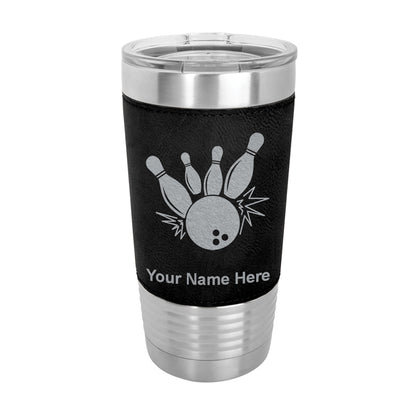 20oz Faux Leather Tumbler Mug, Bowling Ball and Pins, Personalized Engraving Included - LaserGram Custom Engraved Gifts