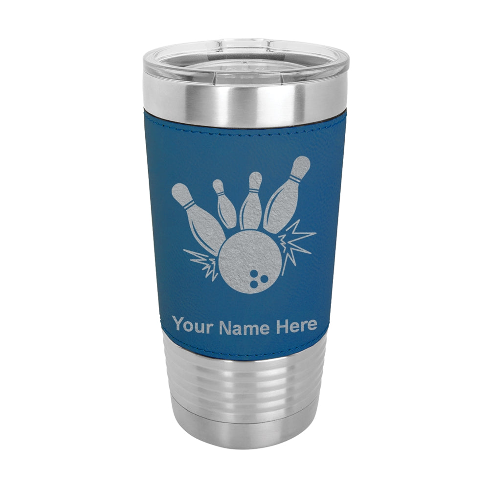 20oz Faux Leather Tumbler Mug, Bowling Ball and Pins, Personalized Engraving Included - LaserGram Custom Engraved Gifts
