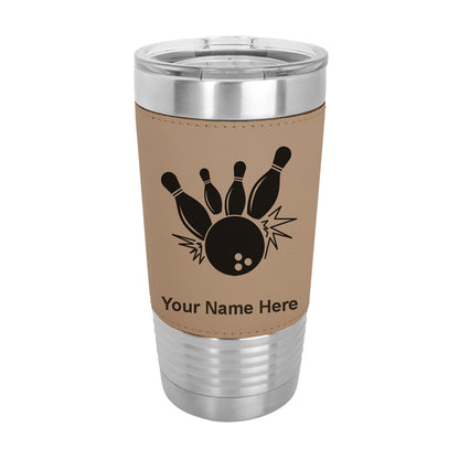 20oz Faux Leather Tumbler Mug, Bowling Ball and Pins, Personalized Engraving Included - LaserGram Custom Engraved Gifts
