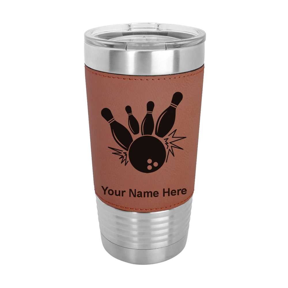 20oz Faux Leather Tumbler Mug, Bowling Ball and Pins, Personalized Engraving Included - LaserGram Custom Engraved Gifts