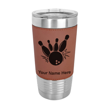 20oz Faux Leather Tumbler Mug, Bowling Ball and Pins, Personalized Engraving Included - LaserGram Custom Engraved Gifts