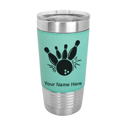 20oz Faux Leather Tumbler Mug, Bowling Ball and Pins, Personalized Engraving Included - LaserGram Custom Engraved Gifts