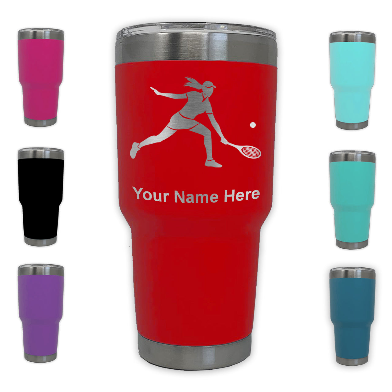 LaserGram 30oz Tumbler Mug, Tennis Player Woman, Personalized Engraving Included