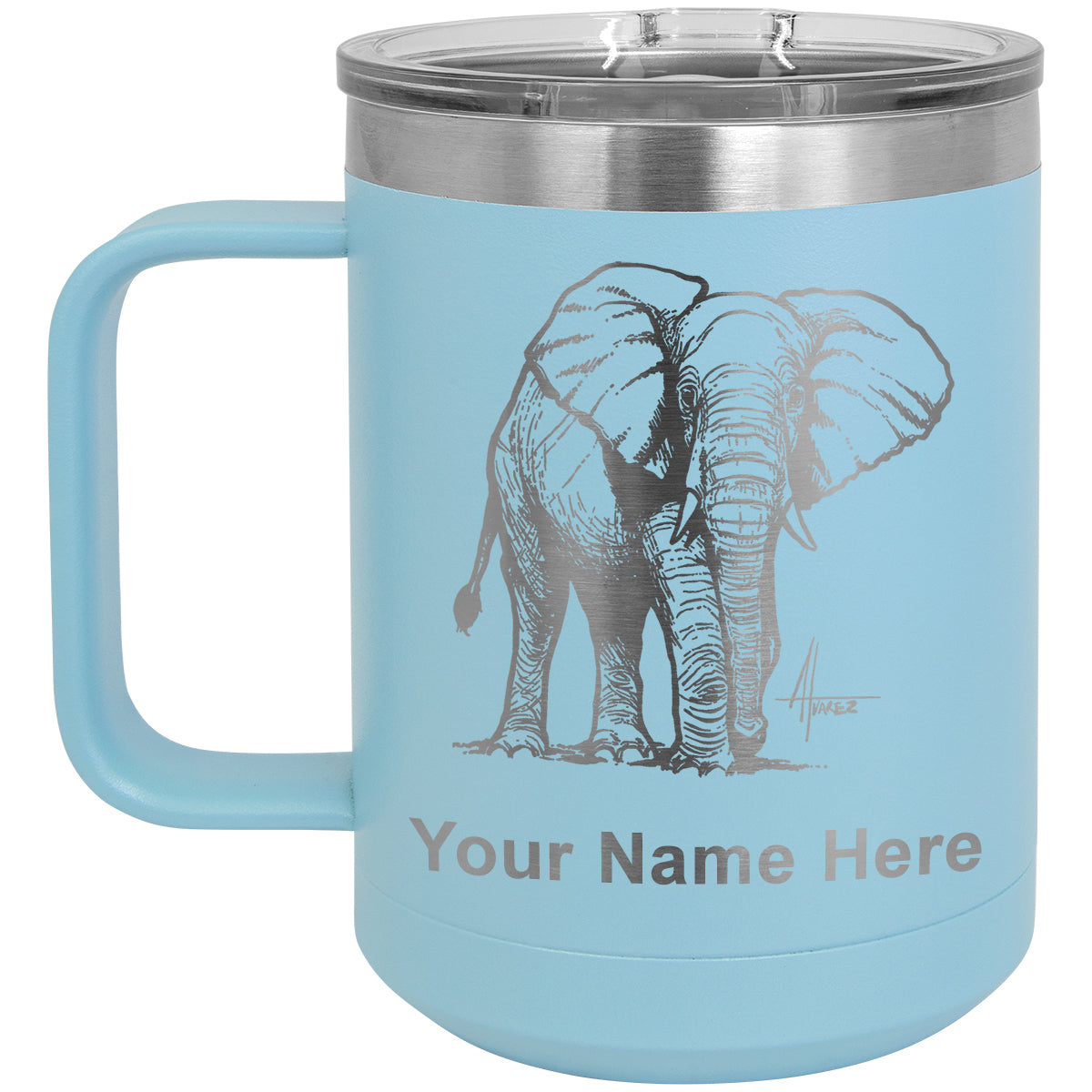 15oz Vacuum Insulated Coffee Mug, African Elephant, Personalized Engraving Included