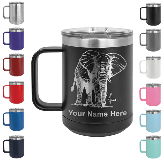 15oz Vacuum Insulated Coffee Mug, African Elephant, Personalized Engraving Included