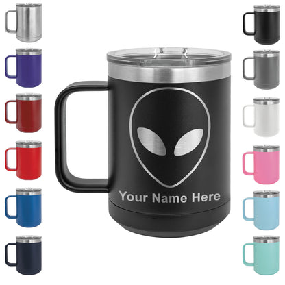 15oz Vacuum Insulated Coffee Mug, Alien Head, Personalized Engraving Included
