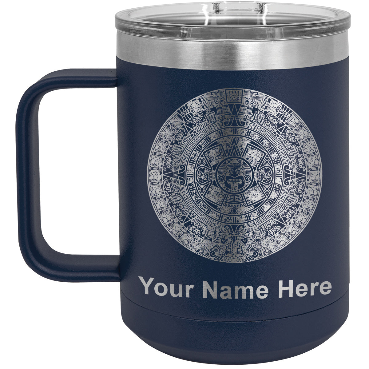 15oz Vacuum Insulated Coffee Mug, Aztec Calendar, Personalized Engraving Included