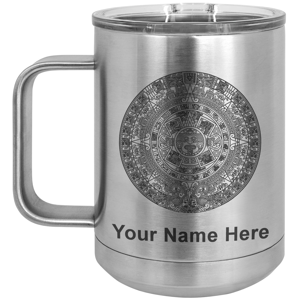 15oz Vacuum Insulated Coffee Mug, Aztec Calendar, Personalized Engraving Included