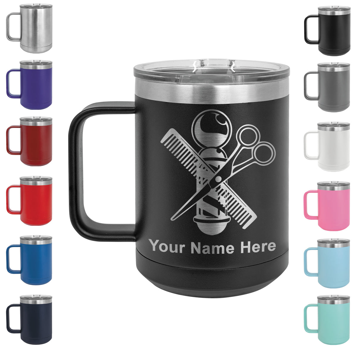 15oz Vacuum Insulated Coffee Mug, Barber Shop Pole, Personalized Engraving Included
