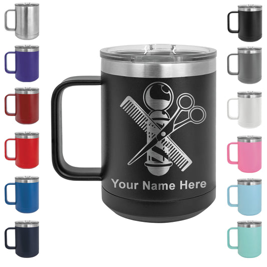 15oz Vacuum Insulated Coffee Mug, Barber Shop Pole, Personalized Engraving Included