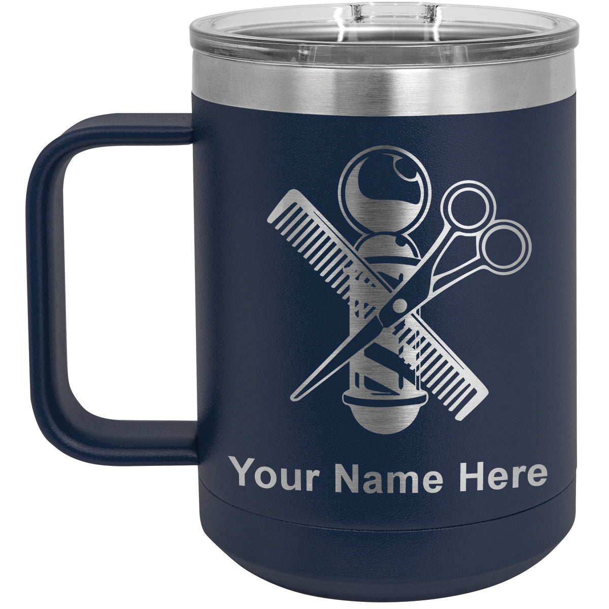 15oz Vacuum Insulated Coffee Mug, Barber Shop Pole, Personalized Engraving Included