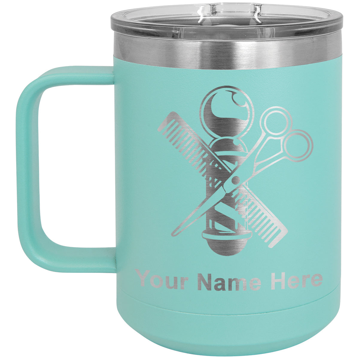 15oz Vacuum Insulated Coffee Mug, Barber Shop Pole, Personalized Engraving Included