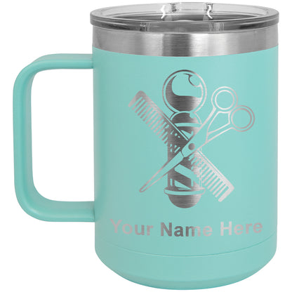 15oz Vacuum Insulated Coffee Mug, Barber Shop Pole, Personalized Engraving Included