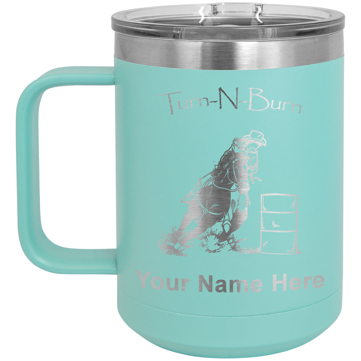 15oz Vacuum Insulated Coffee Mug, Barrel Racer Turn N Burn, Personalized Engraving Included