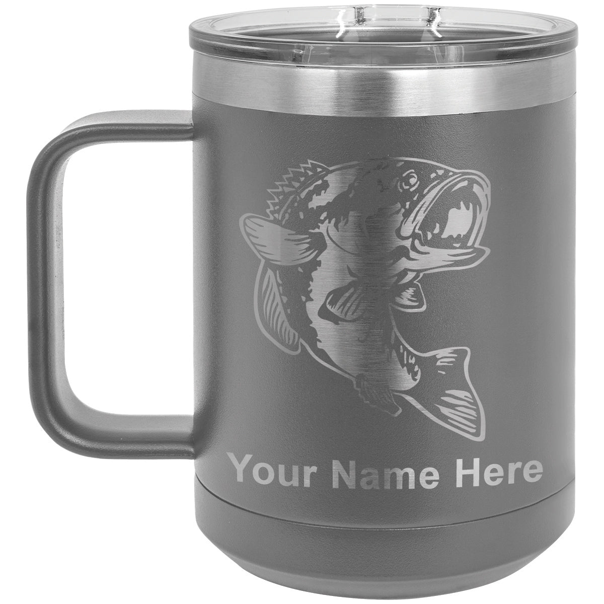 15oz Vacuum Insulated Coffee Mug, Bass Fish, Personalized Engraving Included
