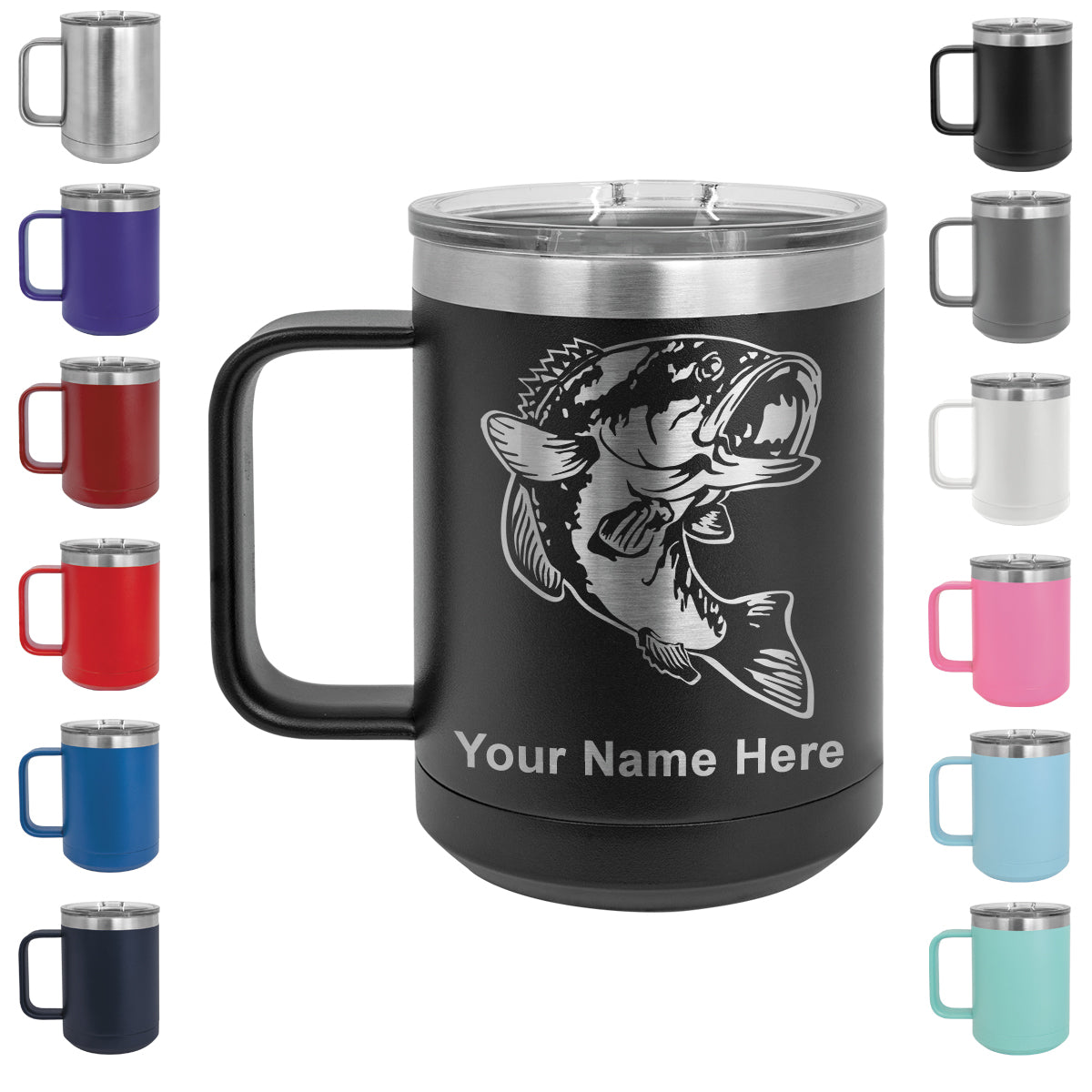 15oz Vacuum Insulated Coffee Mug, Bass Fish, Personalized Engraving Included