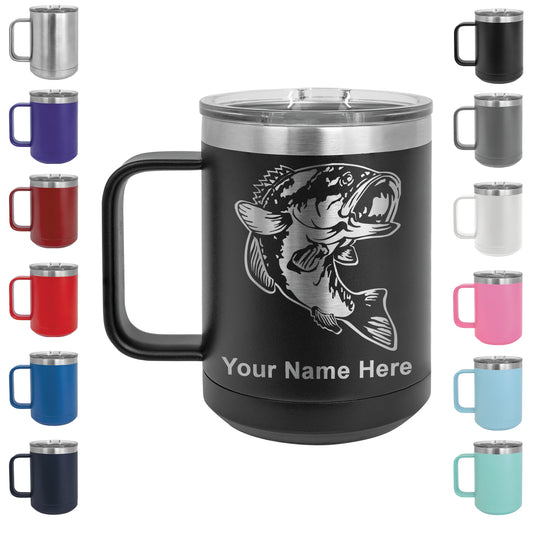 15oz Vacuum Insulated Coffee Mug, Bass Fish, Personalized Engraving Included