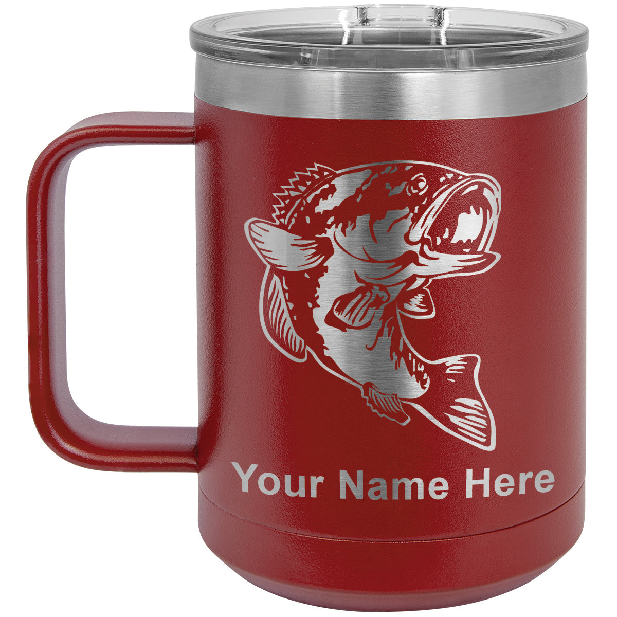 15oz Vacuum Insulated Coffee Mug, Bass Fish, Personalized Engraving Included