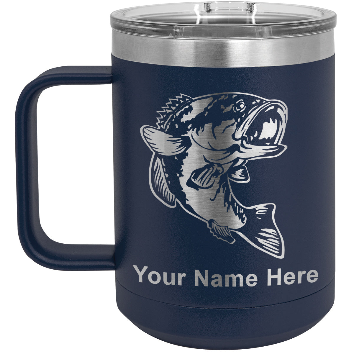 15oz Vacuum Insulated Coffee Mug, Bass Fish, Personalized Engraving Included
