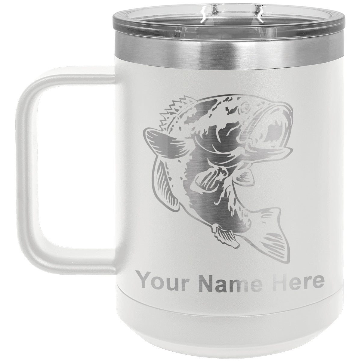 15oz Vacuum Insulated Coffee Mug, Bass Fish, Personalized Engraving Included
