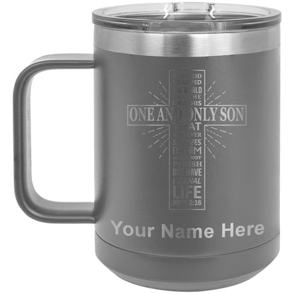 15oz Vacuum Insulated Coffee Mug, Bible Verse John 3-16, Personalized Engraving Included