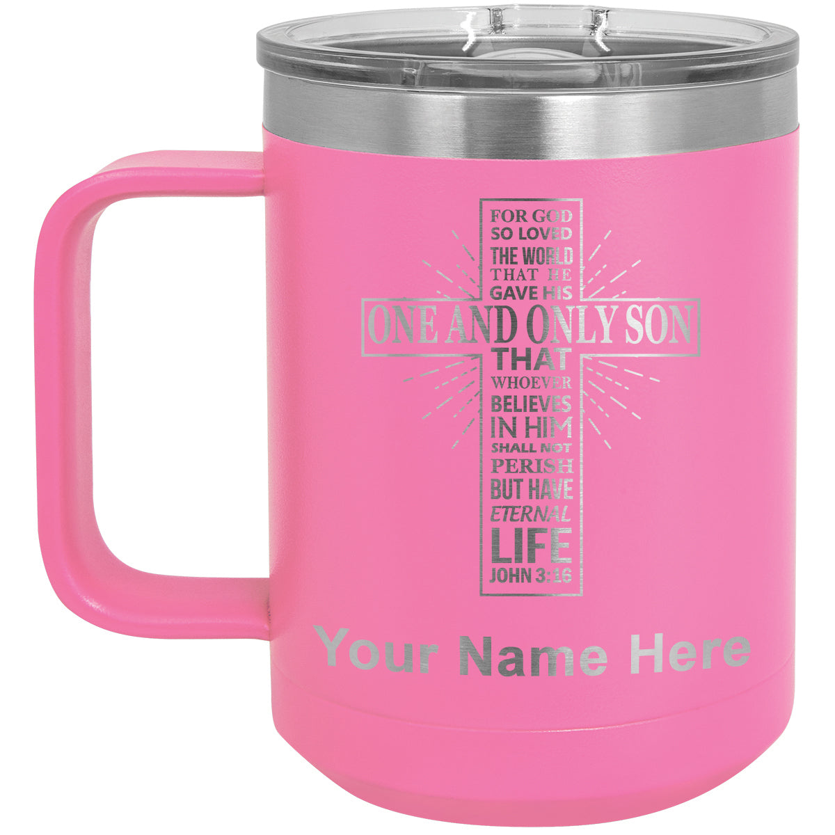 15oz Vacuum Insulated Coffee Mug, Bible Verse John 3-16, Personalized Engraving Included