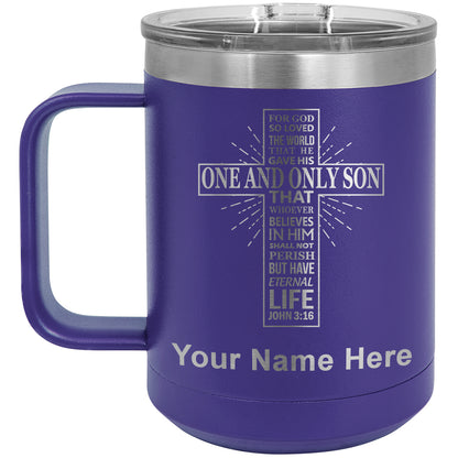 15oz Vacuum Insulated Coffee Mug, Bible Verse John 3-16, Personalized Engraving Included