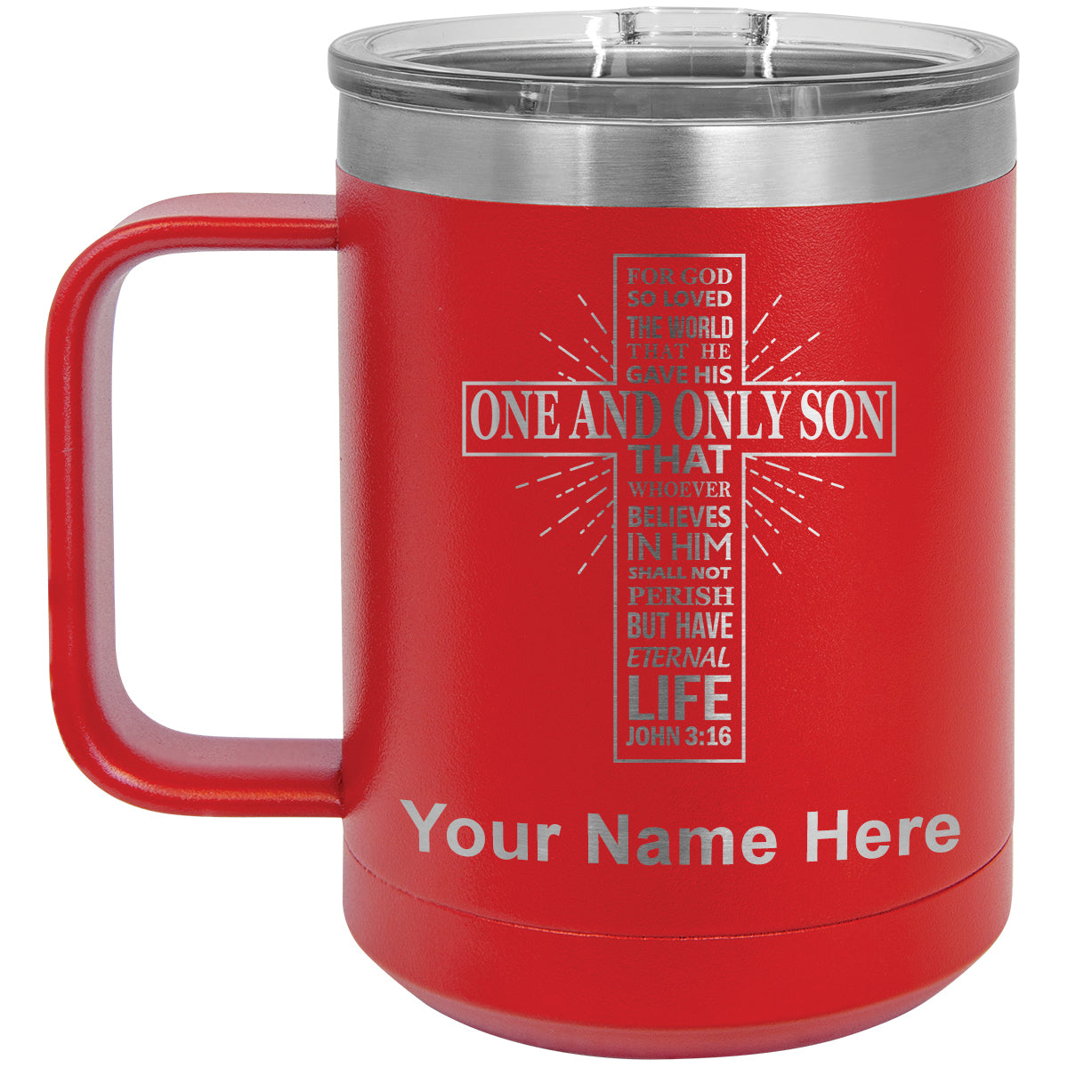 15oz Vacuum Insulated Coffee Mug, Bible Verse John 3-16, Personalized Engraving Included