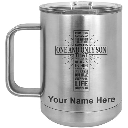 15oz Vacuum Insulated Coffee Mug, Bible Verse John 3-16, Personalized Engraving Included
