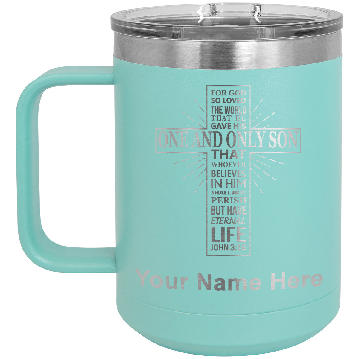 15oz Vacuum Insulated Coffee Mug, Bible Verse John 3-16, Personalized Engraving Included
