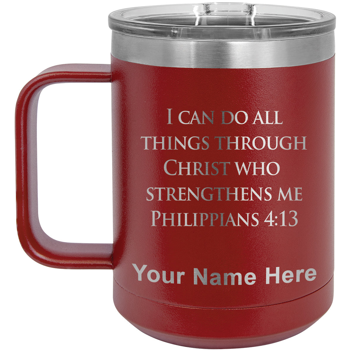 15oz Vacuum Insulated Coffee Mug, Bible Verse Philippians 4-13, Personalized Engraving Included