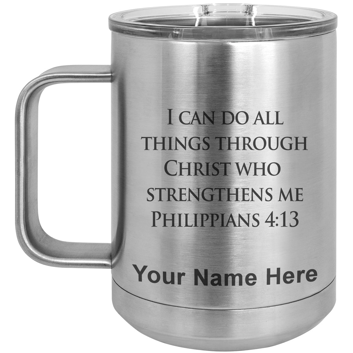 15oz Vacuum Insulated Coffee Mug, Bible Verse Philippians 4-13, Personalized Engraving Included