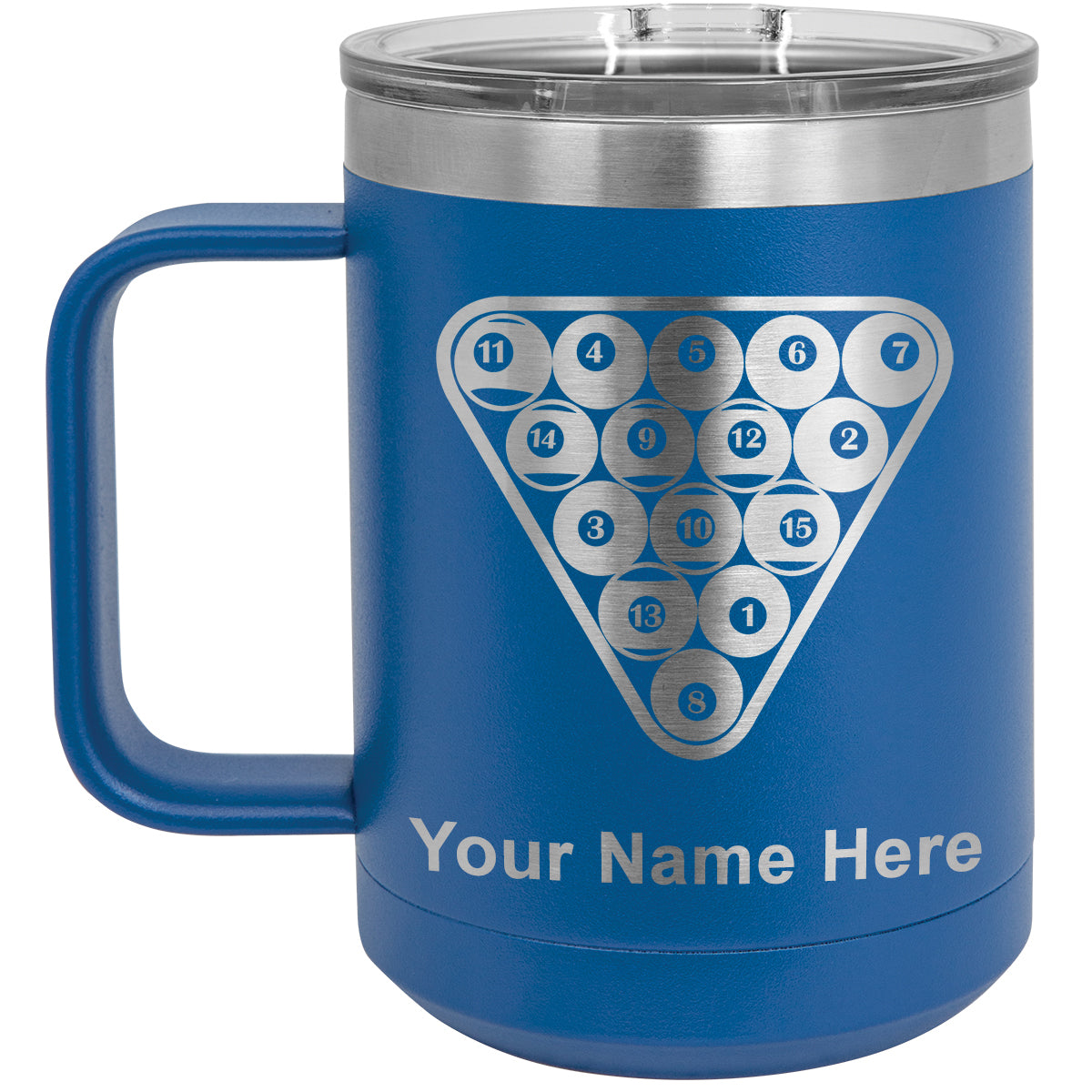 15oz Vacuum Insulated Coffee Mug, Billiard Balls, Personalized Engraving Included